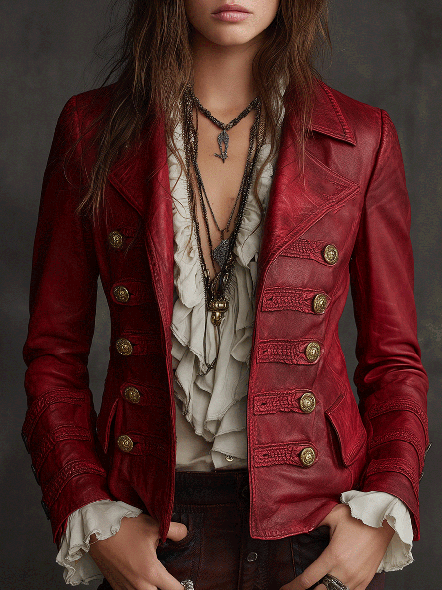 Bohemian Vintage Crimson Military-Style Eco-Leather Jacket