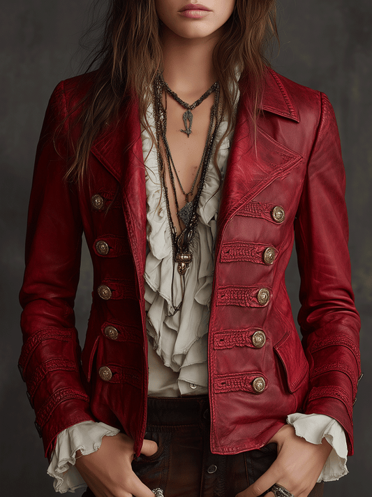 Bohemian Vintage Crimson Military-Style Eco-Leather Jacket