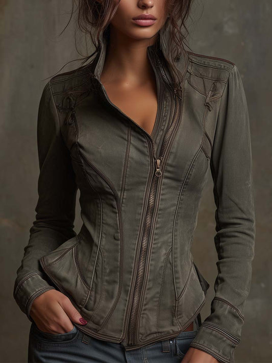 Vintage Washed Denim Fitted Jacket – Smoky Olive