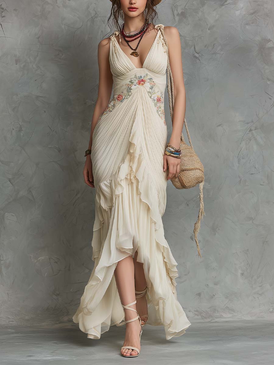 Boho-Vintage Elegant Embroidered Chiffon Ruffle Maxi Dress