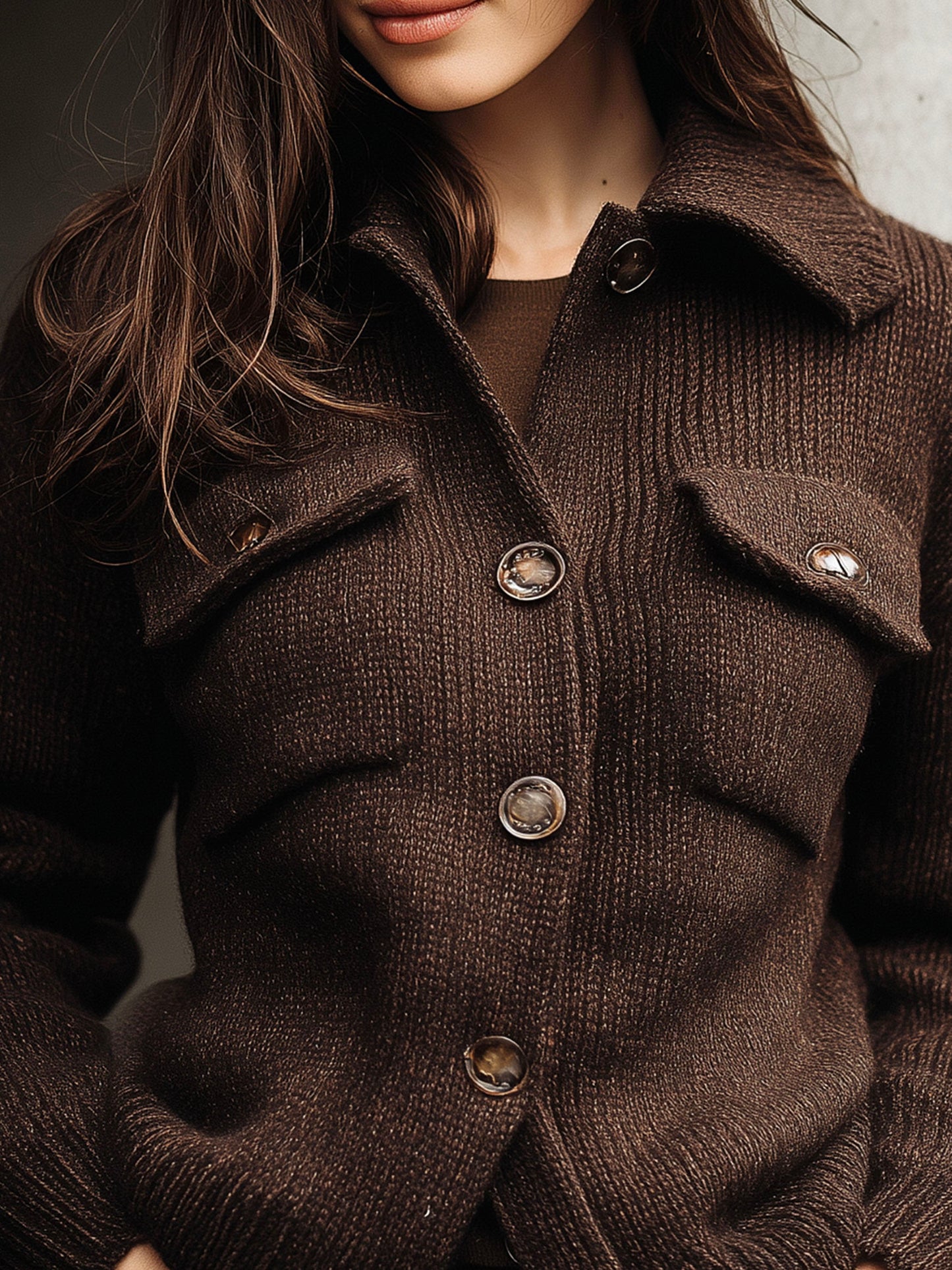 Brown Wool Blend Button-Up Knit Sweater Jacket With Front Pockets