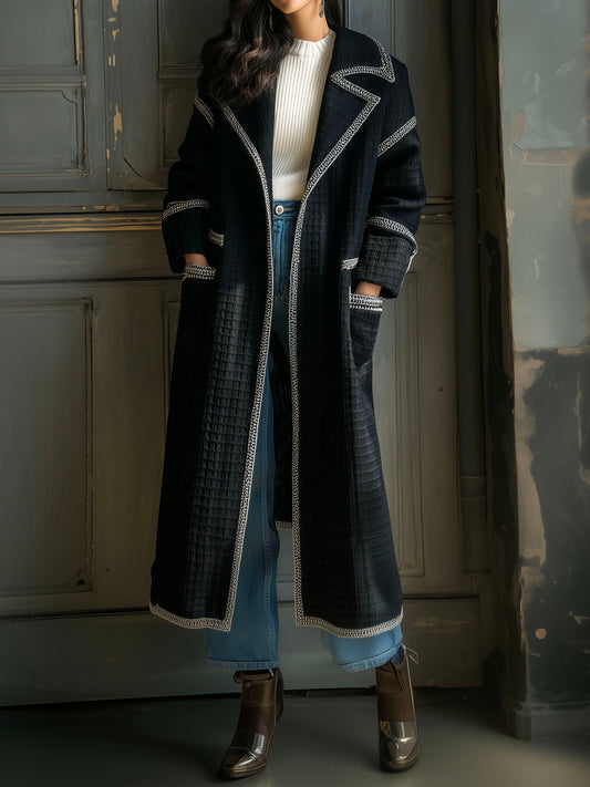 Elegant Textured  Quilted Contrast Trim Long Coat With Pockets