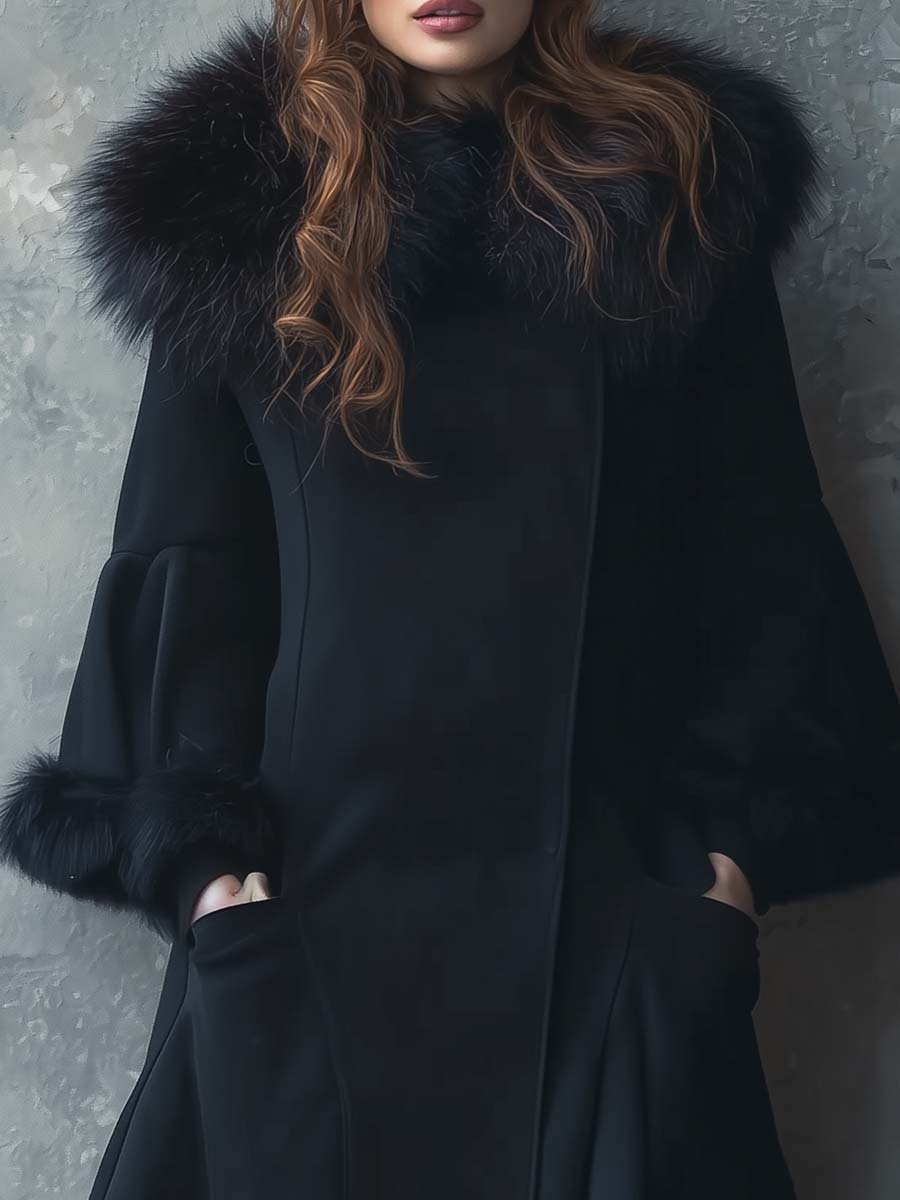 Black Wool-Blend Maxi Coat With Detachable Fur Collar