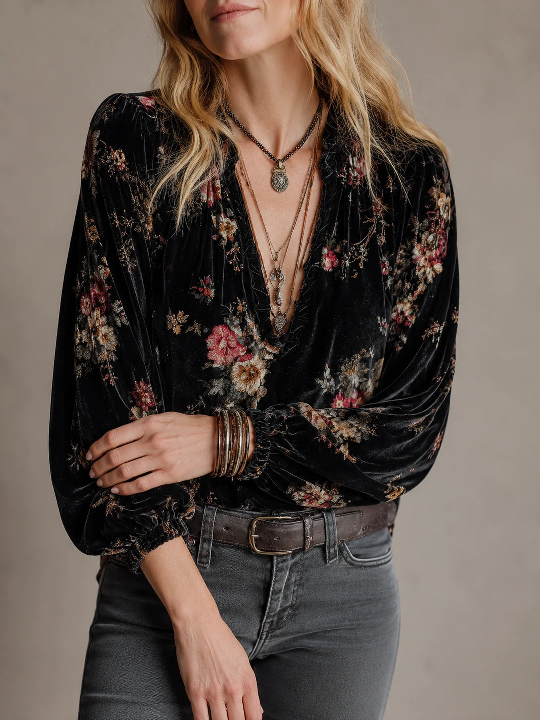 Vintage Floral Velvet Long-Sleeved Blouse