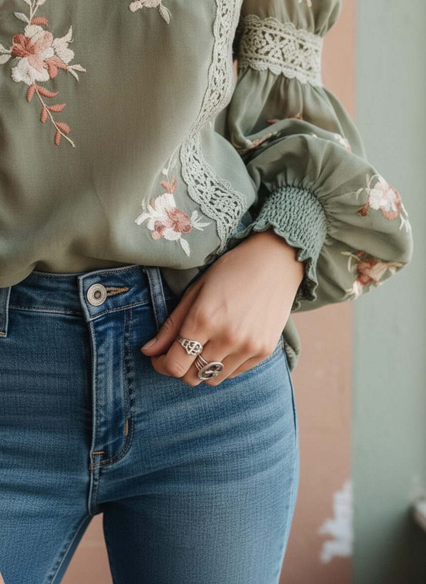 The Embroidered Sage Puff-Sleeve Blouse