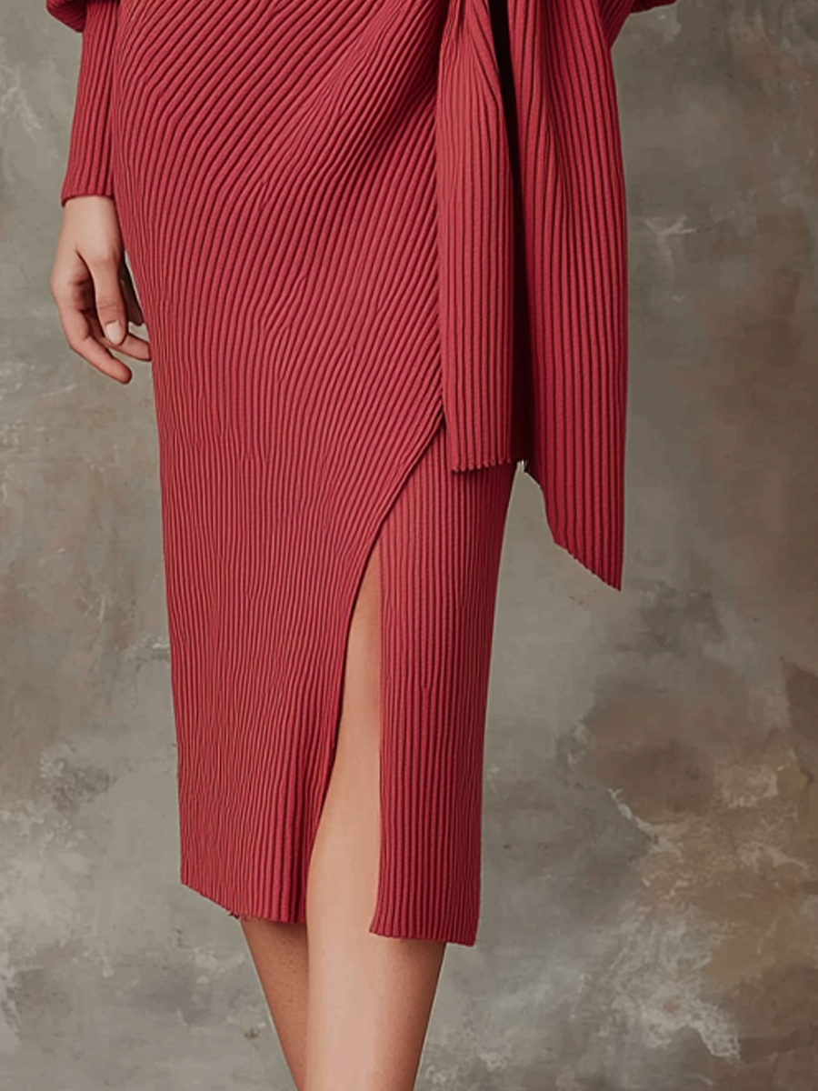 Retro Cross-neck Knitted Wrap Mid-length Dress