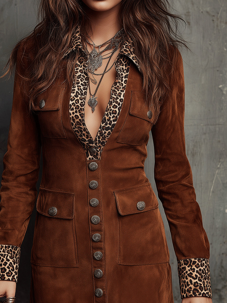 Vintage Suede With Leopard Trim Mini Dress