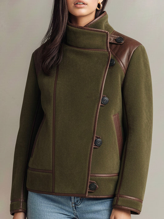 Asymmetric Olive Green Wool Jacket With Leather Trim