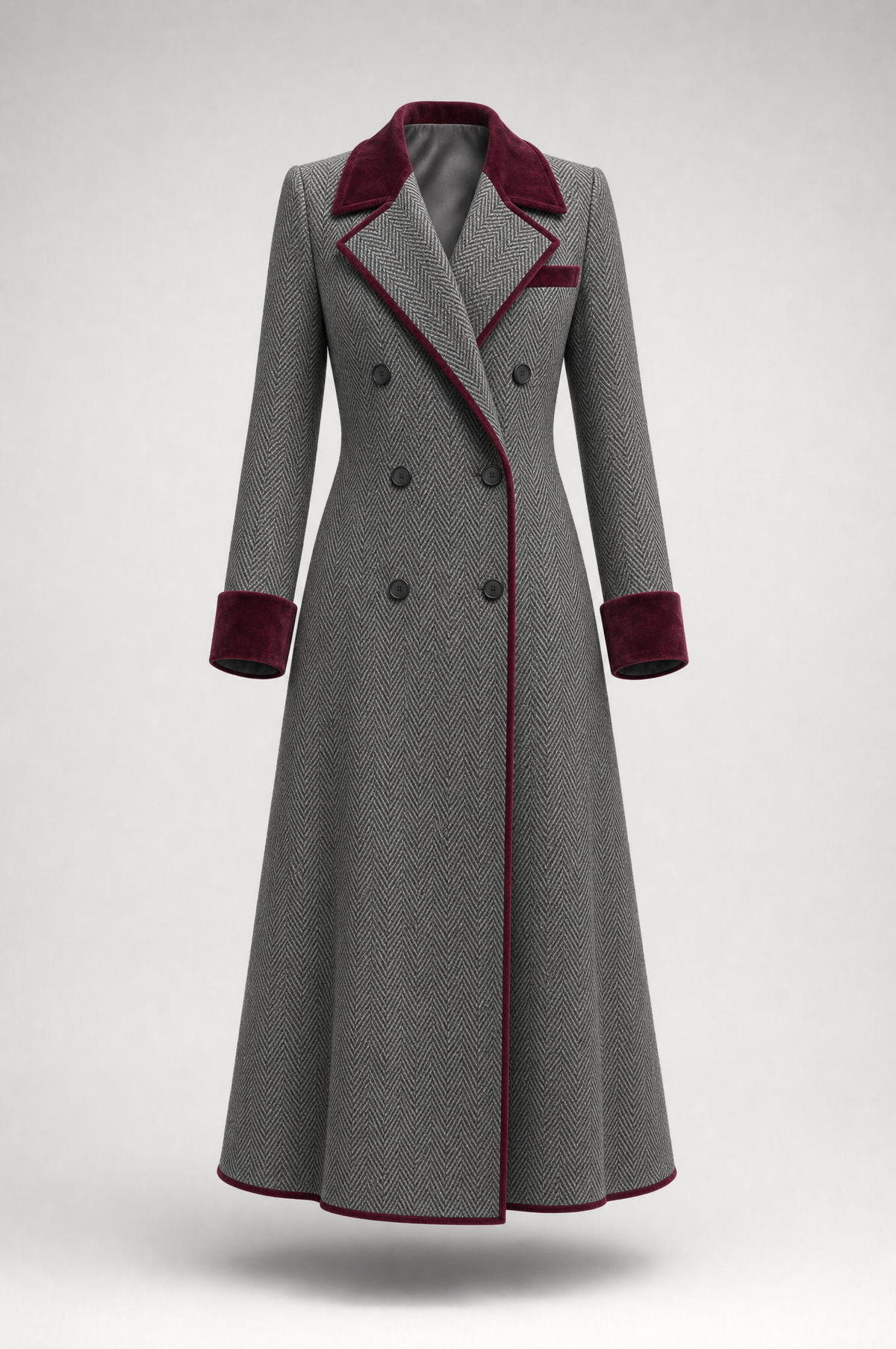 Elegant Herringbone Wool Long Coat with Velvet Trim