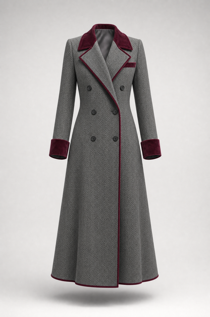 Elegant Herringbone Wool Long Coat with Velvet Trim