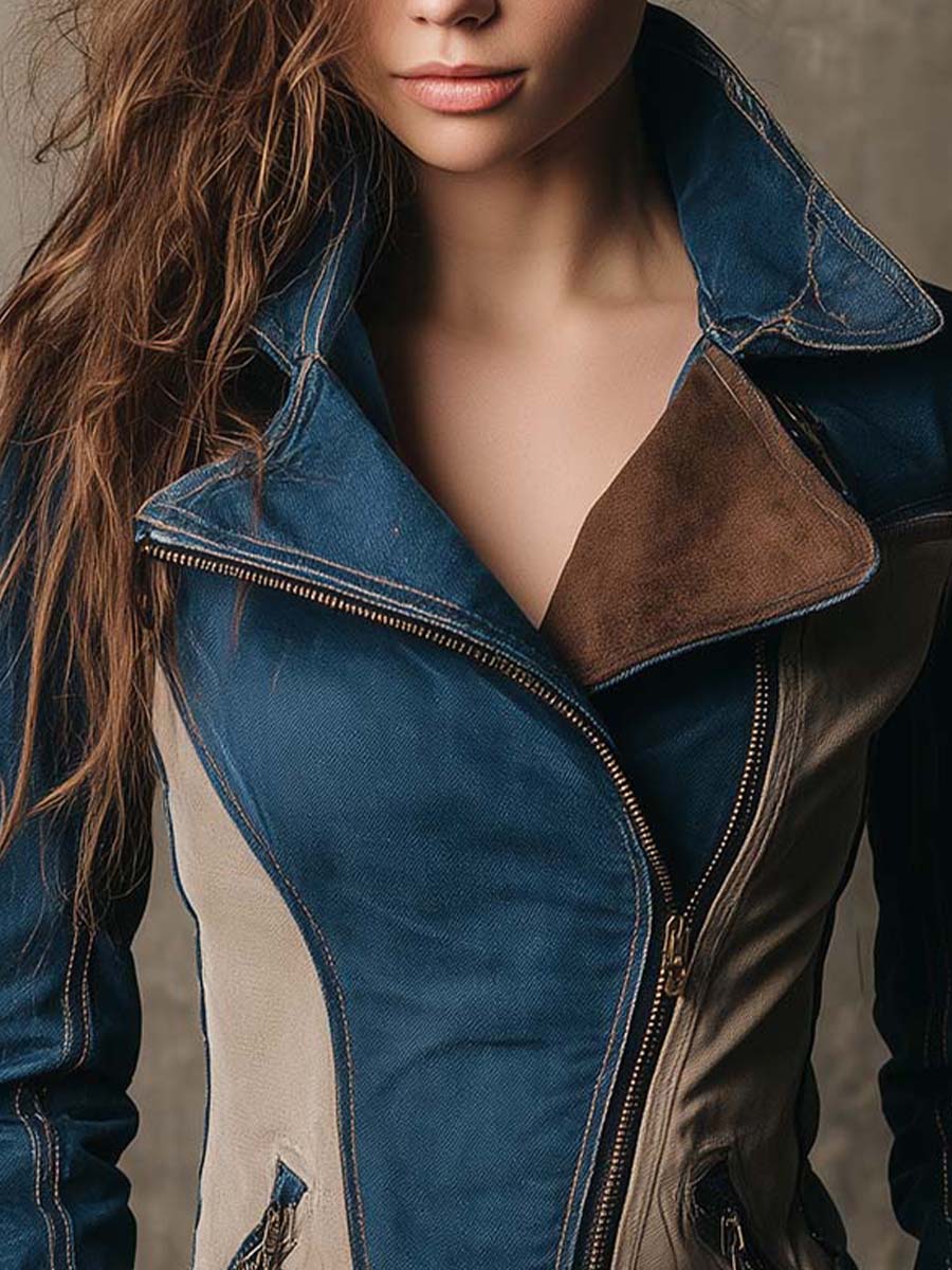 Colorblock Washed Denim Moto Jacket