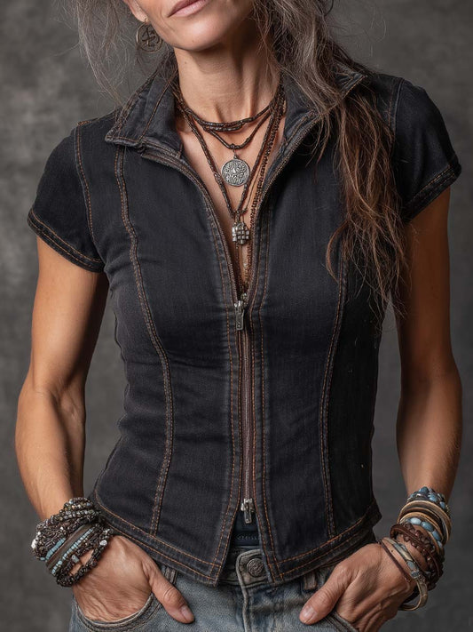 Retro Contrast Stitching Short-sleeved Zipper Denim Blouse