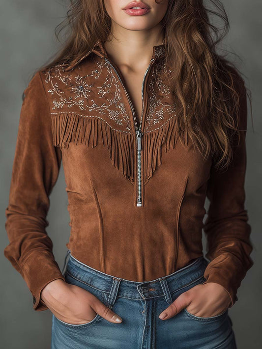 Vintage Suede Fringe Embroidered Zip-Up Top