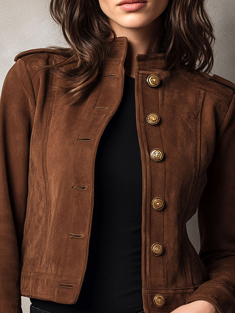 Vintage Military-Inspired Suede Short Jacket With Gold Buttons