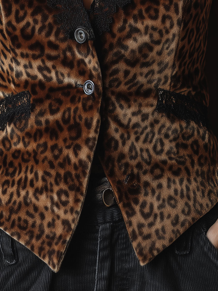 Vintage Leopard Print Lace Patchwork Slim Vest