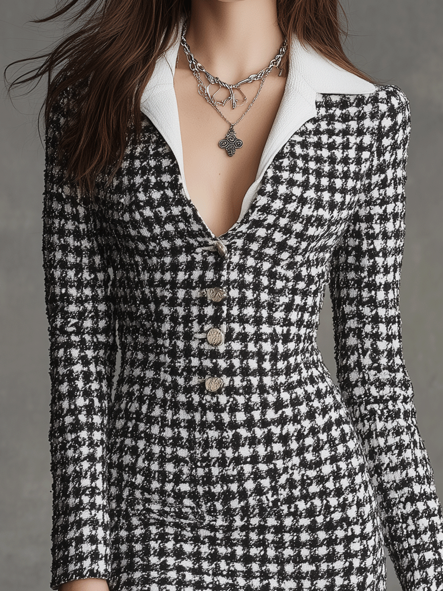 Elegant Black And White Houndstooth Fitted Blazer Mini Dress