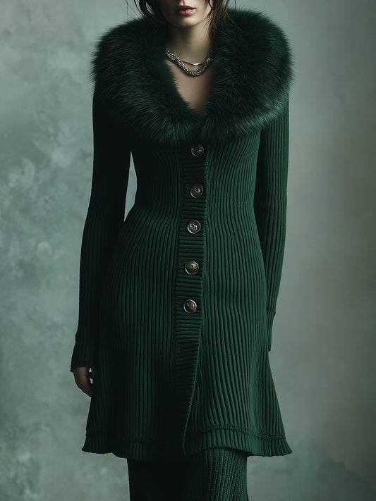 Quiet Luxury Ribbed Knitted Detachable Fur Collar Cardigan