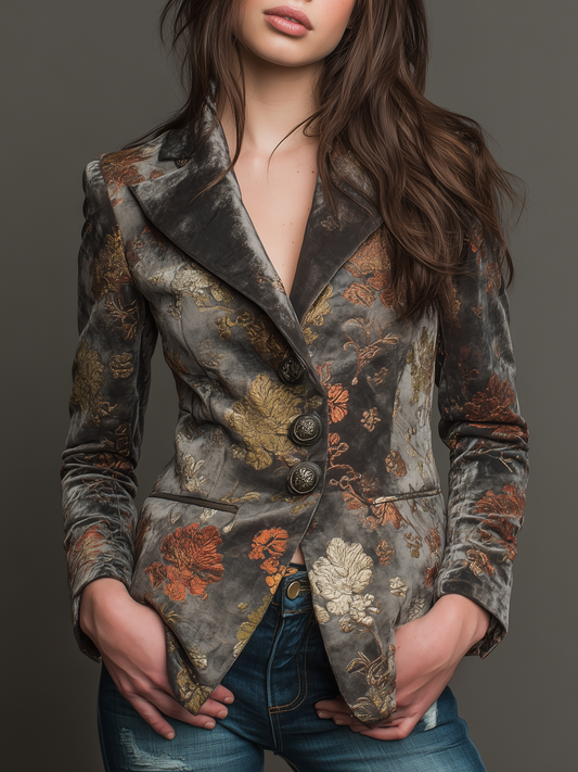 Vintage Floral Print Polyester Velvet Blazer