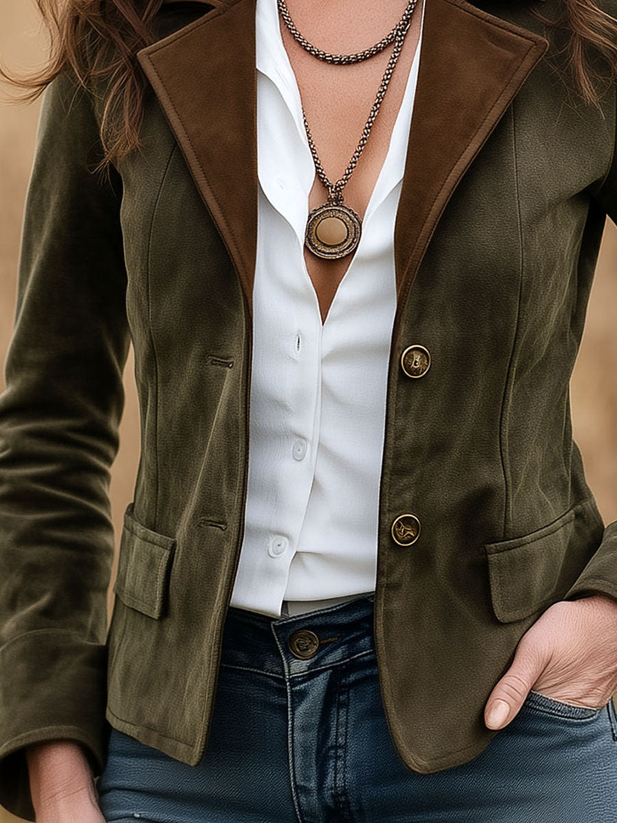 Vintage Contrast Lapel Olive Green Suede Tailored Jacket