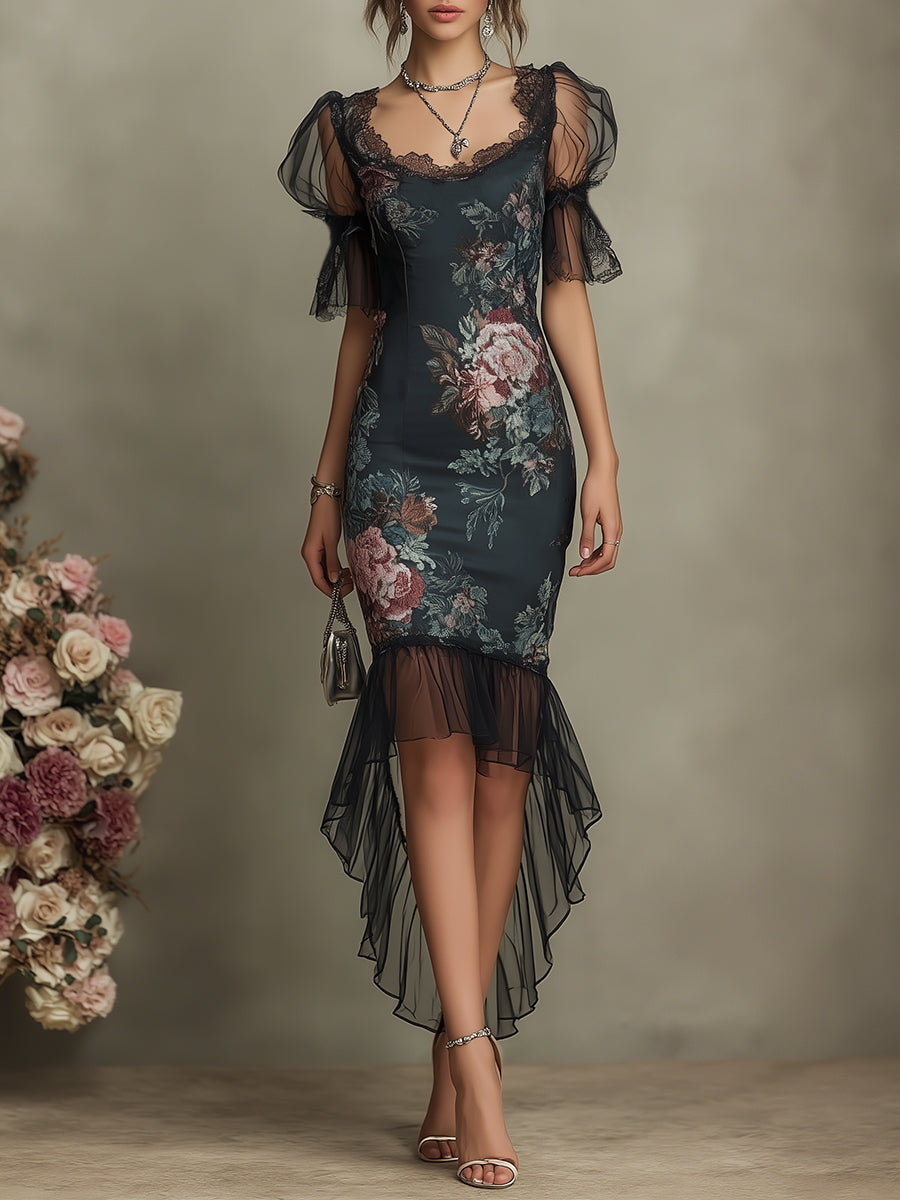 Vintage Floral Satin  Maxi Dress With Chiffon Fishtail Hem