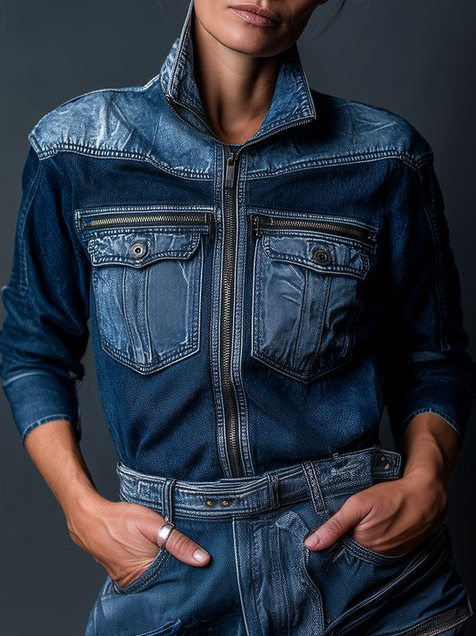 Chic Dark Wash Contrast Denim Moto Jacket  With Utility Pockets