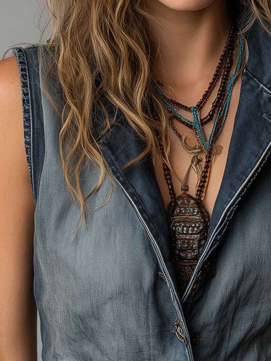 Vintage Workwear Style Distressed Blue Jean Vest