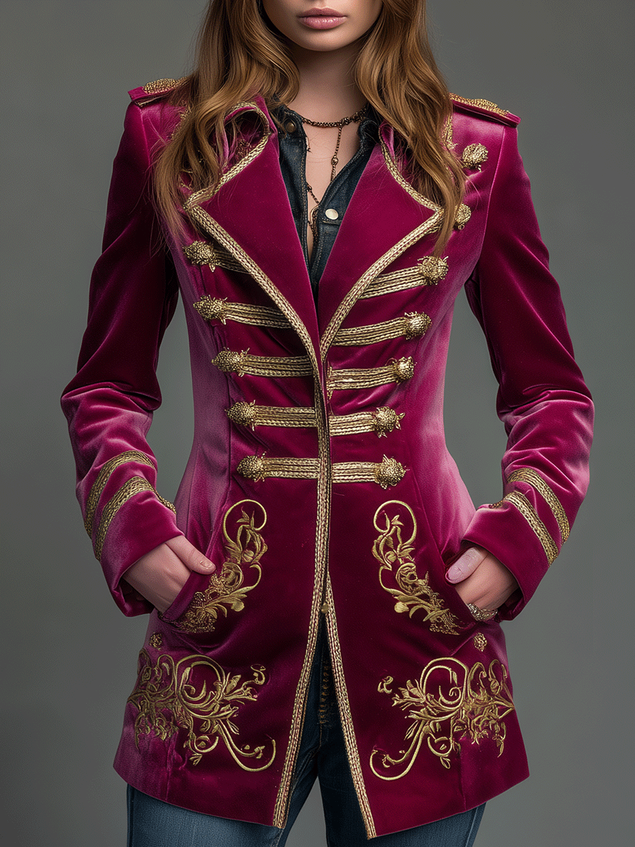 Vintage Baroque Bohemian Deep Red Velvet Gold Embroidered Jacket