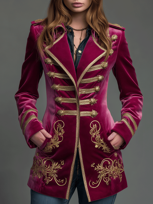 Vintage Baroque Bohemian Deep Red Velvet Gold Embroidered Jacket