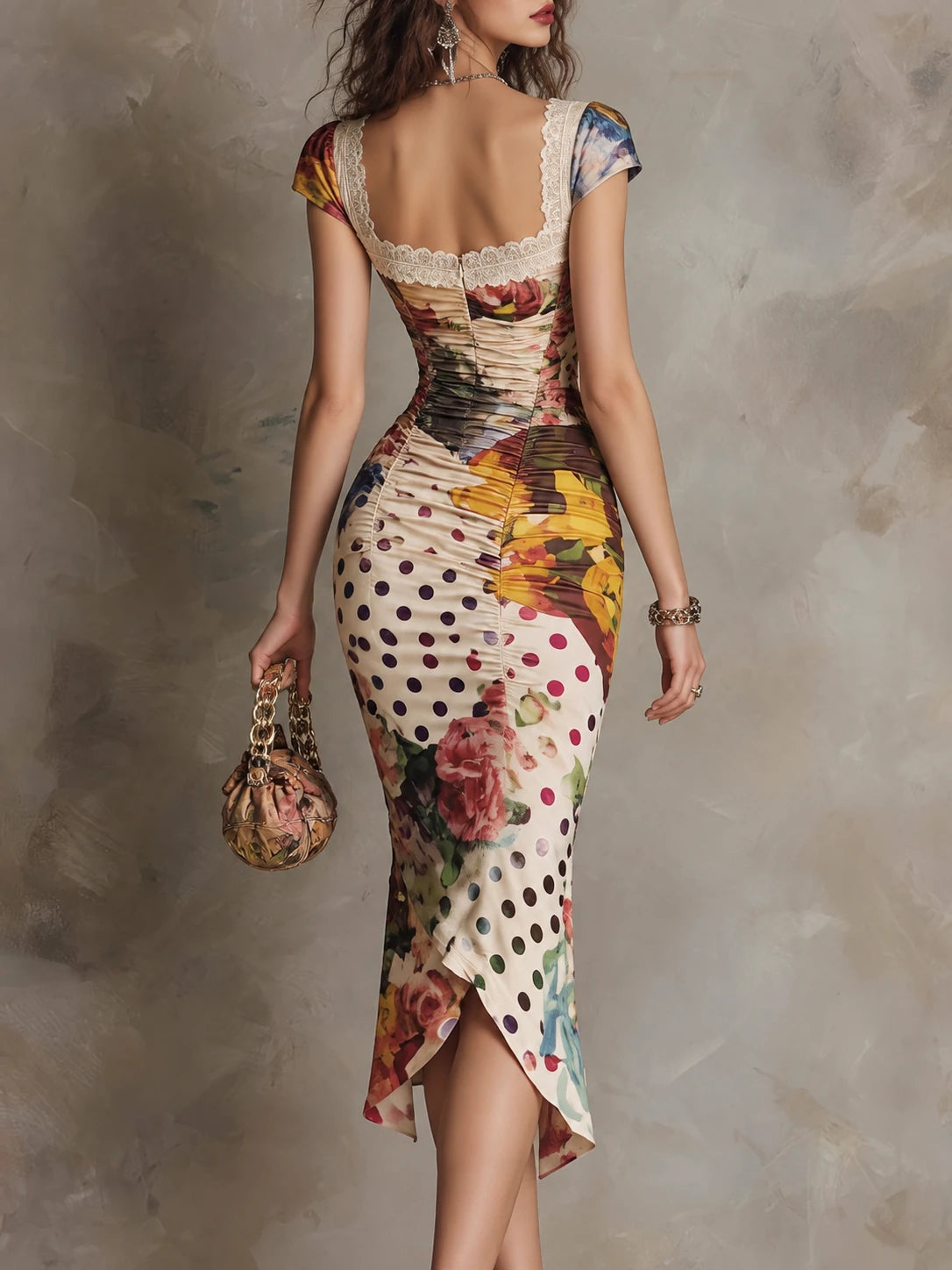 Retro Polka Dot And Painterly Floral Polyester Satin Midi Dress