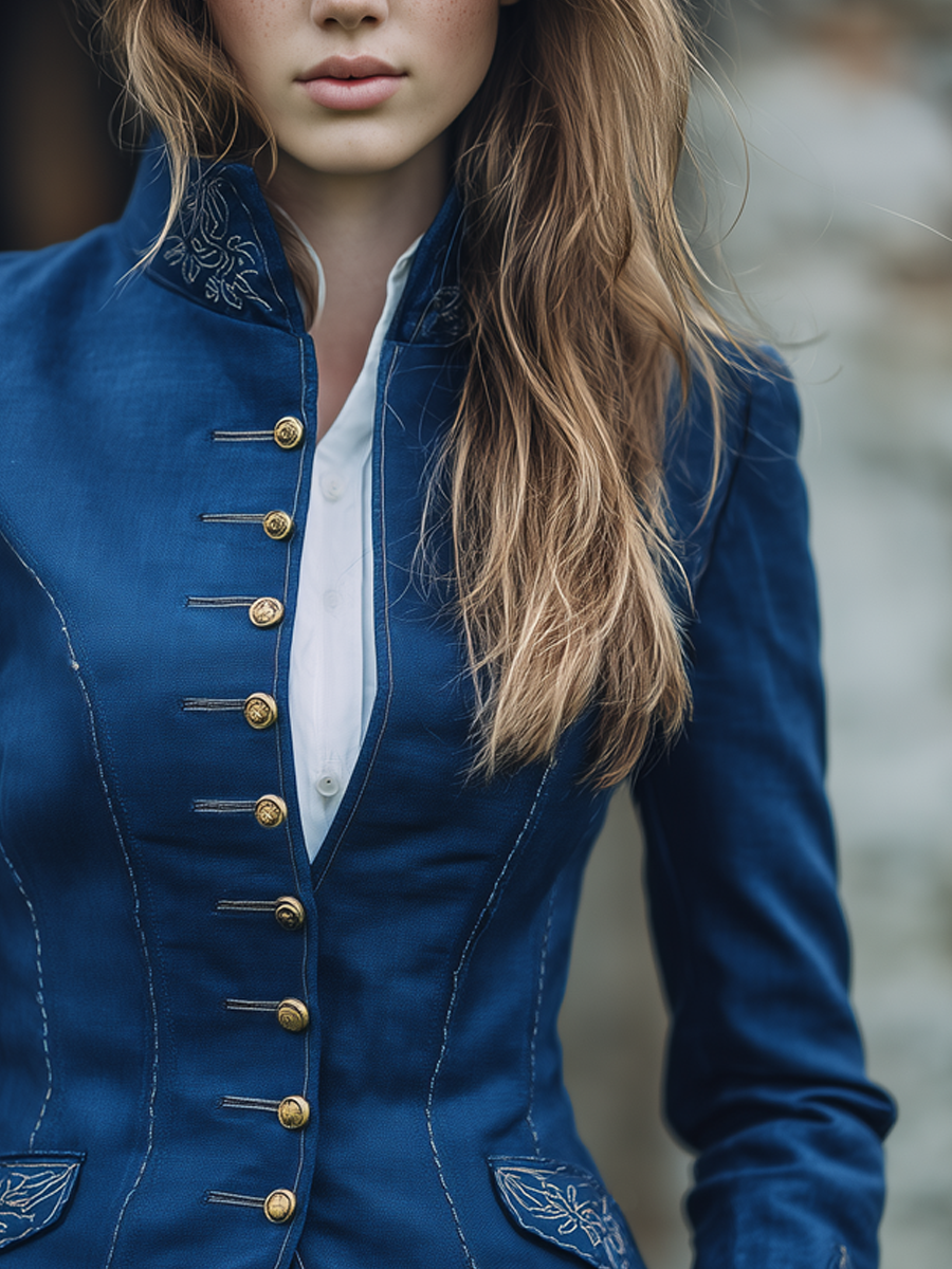 Vintage Embroidered Stand Collar Multi-Button Jacket