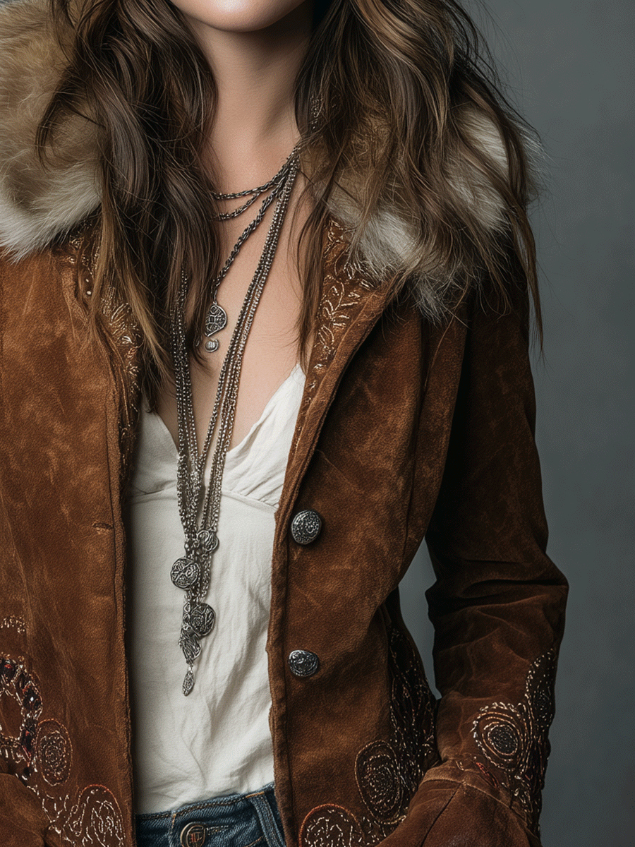 Vintage Brown Boho  Embroidery Faux Suede Flared Sleeves Jacket