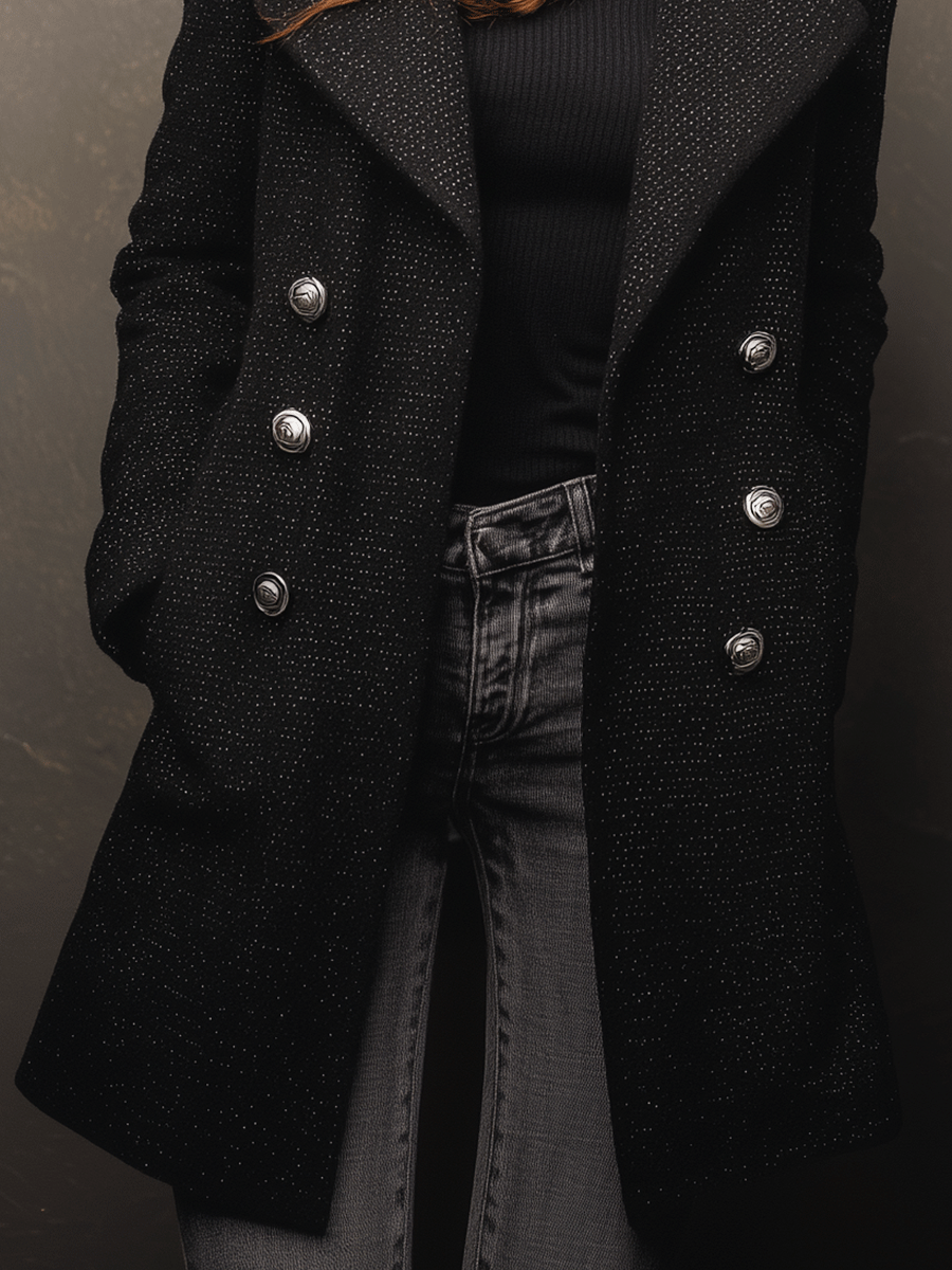 Classic Black  Double-Breasted Buttons Longline Coat