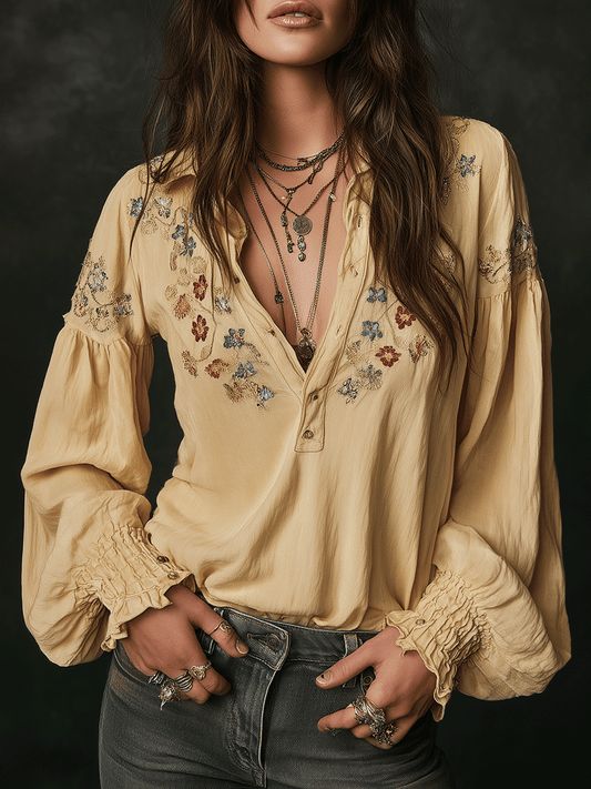 Casual Yellow Floral Embroidered Cotton Shirt