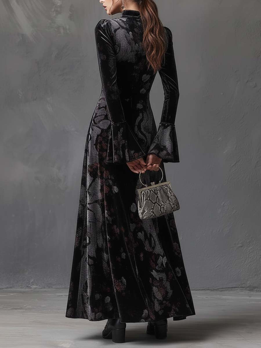 Velvet Maxi Dress With Snake & Floral Print