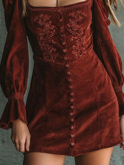 Vintage Rust Red Square Neck Embroidered Button-Front Mini Dress – BCSHARED