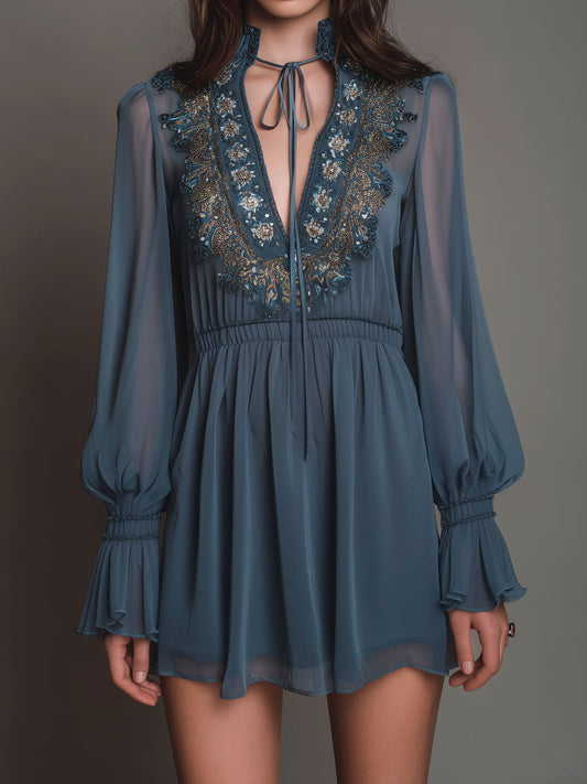 Boho Dusty Blue Tie-Neck Embroidered Chiffon Mini Dress