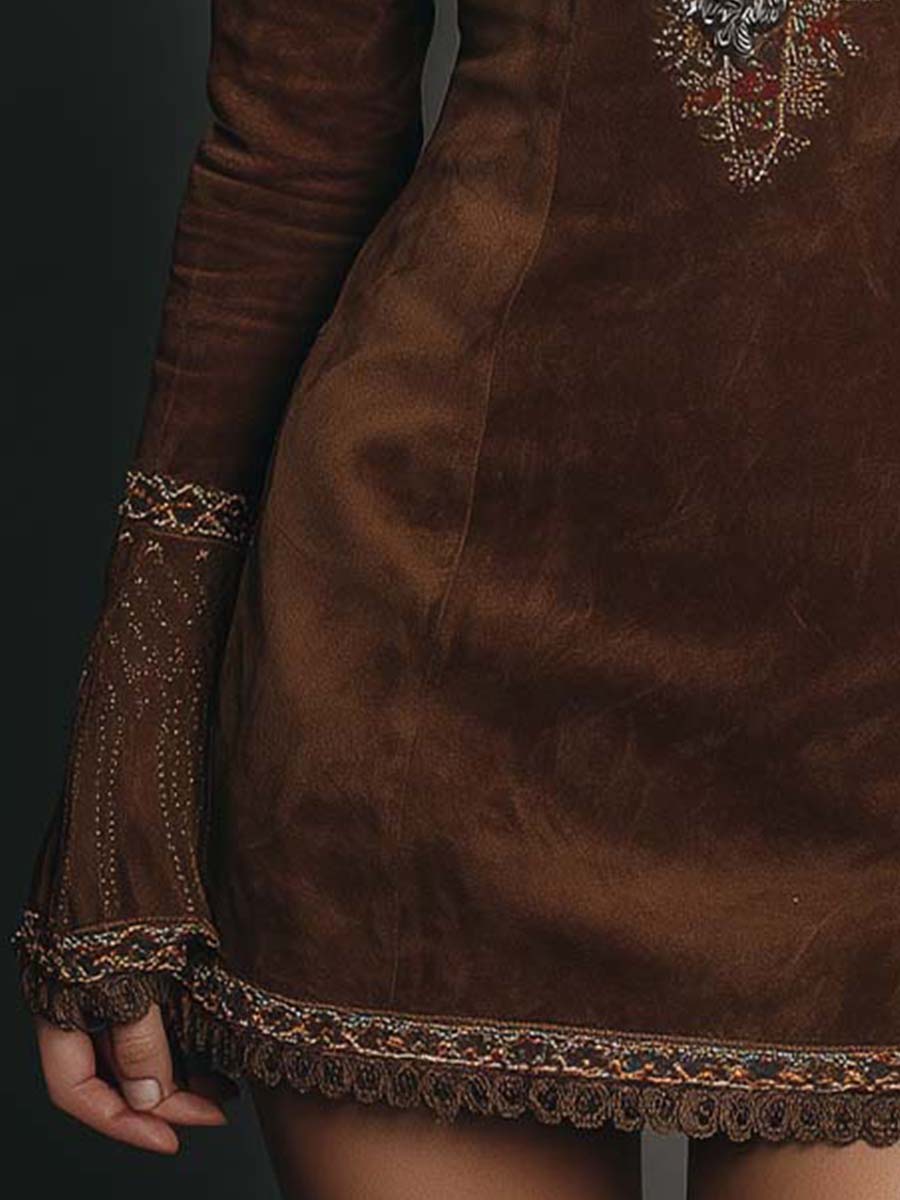 Vintage Brown Suede Mini Dress With Embroidered Detailing – BCSHARED