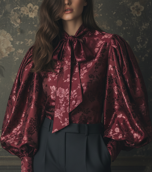 The Crimson Damask Puff-Sleeve Blouse