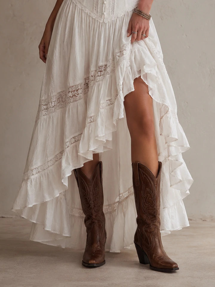 White Lace Corset Spaghetti Strap Ruffle Maxi Dress