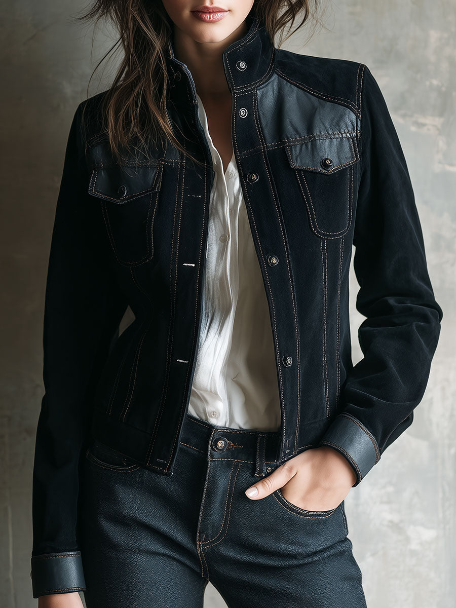 Chic Microsuede And Eco Leather Patchwork Jacket With Contrast Stitching