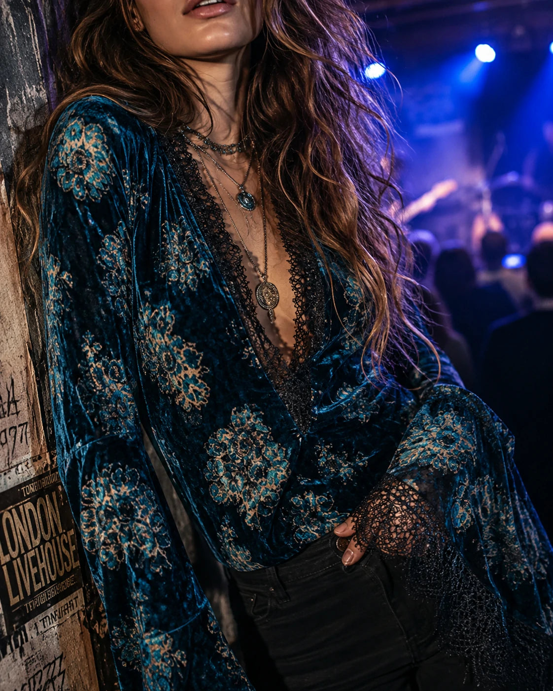 Retro Blue Floral  Velvet Lace Blouse With Bell Sleeves