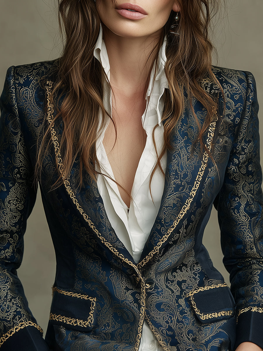Vintage Satin Paisley Lapel Blazer With Woven Trim