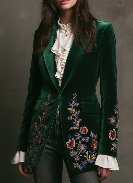 Elegant Embroidered Emerald Velvet Blazer