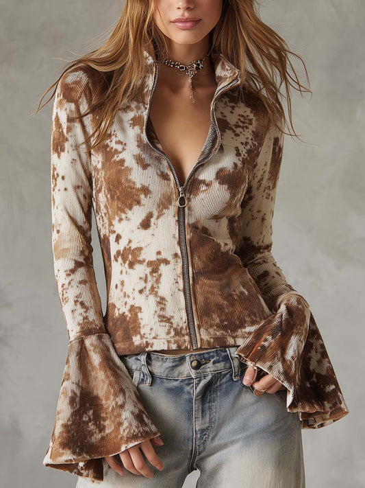 Leather-printed Bell-sleeve Ribbed Knit Shirt