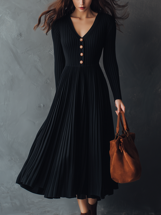 Retro V-neck Pleated Knitted Maxi Dress