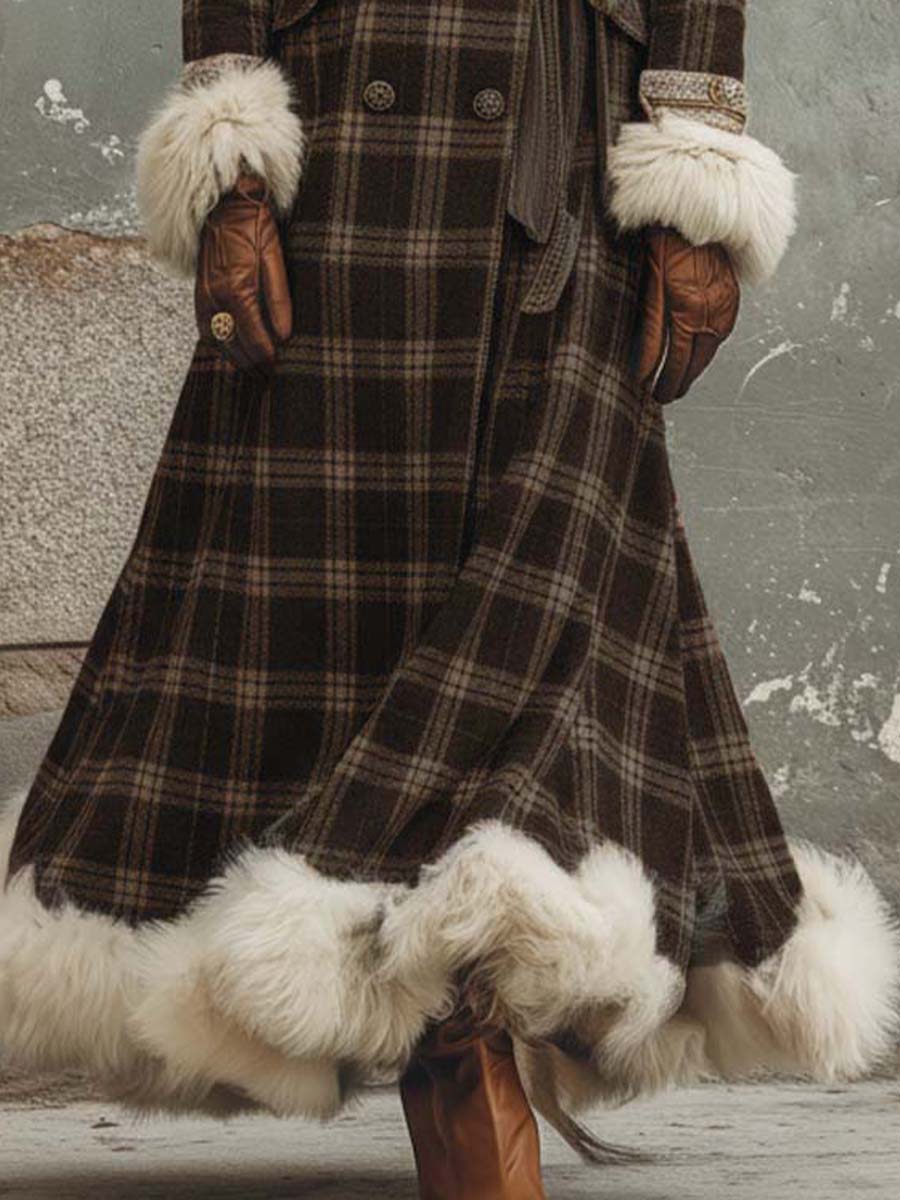 Retro Brown Plaid Long Faux Fur Trim Coat