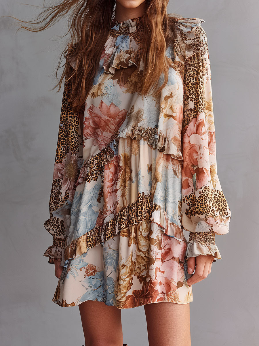 Boho Luxe Floral And Leopard Patchwork Ruffle Mini Dress