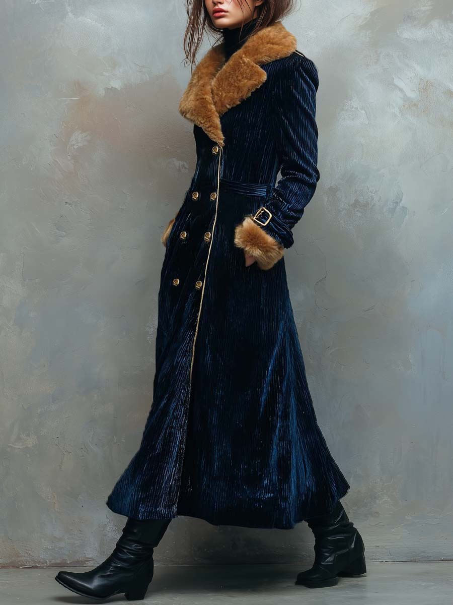 Navy Blue Vintage Eleganc Velvet Long Coat With Faux Fur Collar