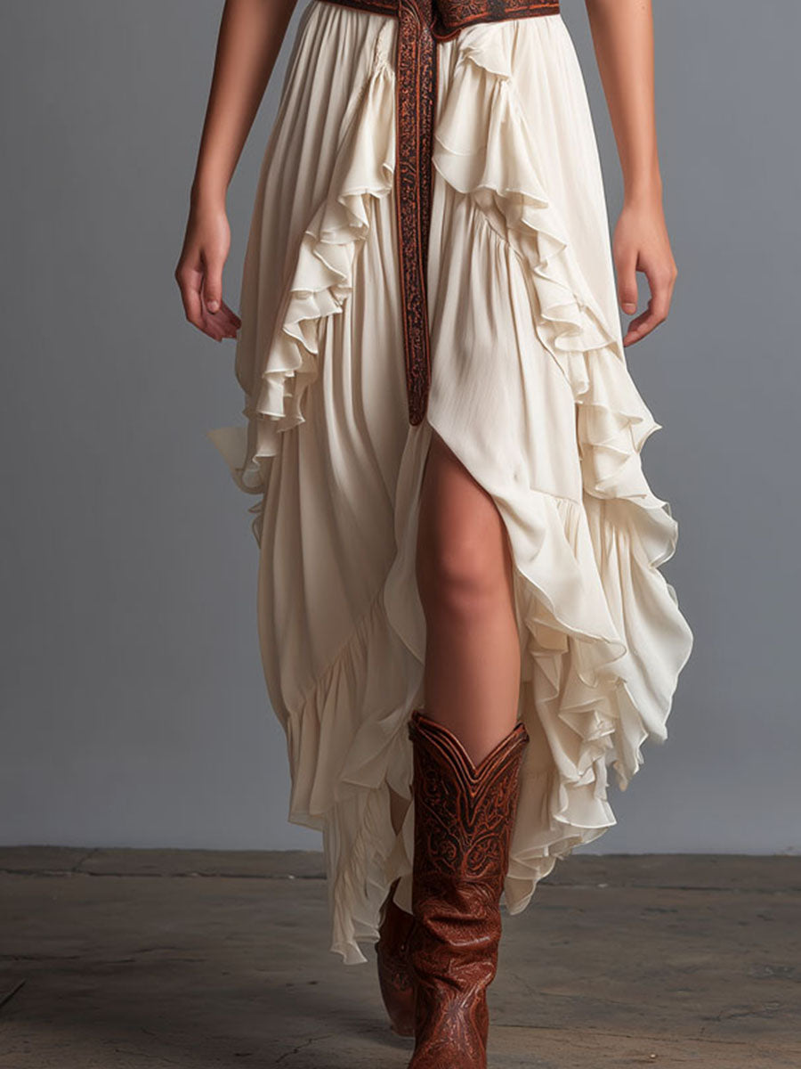 Ivory Flowy Chiffon Halter Maxi Dress With Multi Layered Ruffles Hem