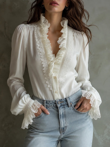 Romantic Ruffled Lace Blouse – Ivory White